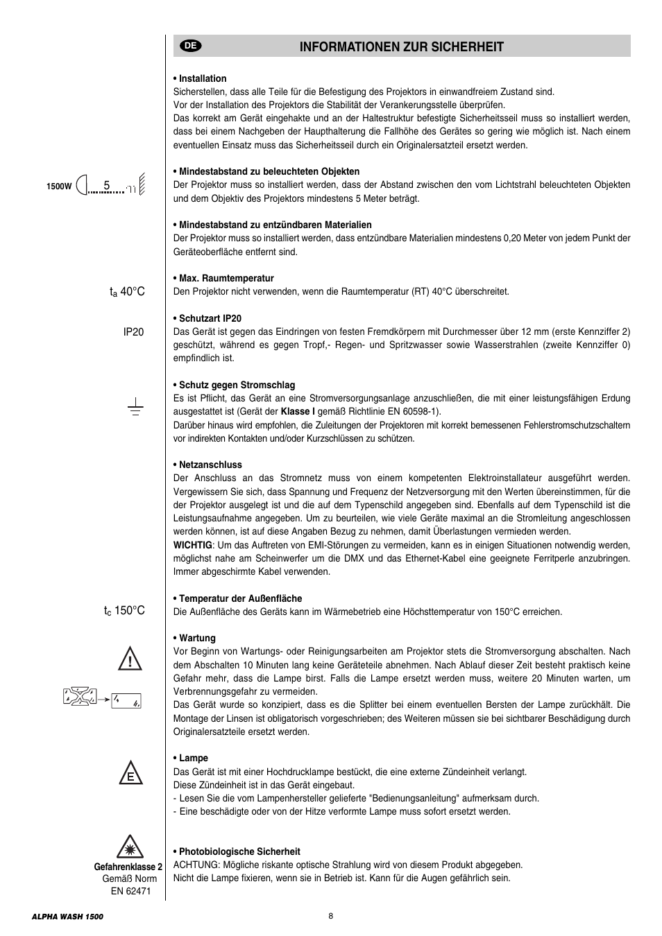 8 informationen zur sicherheit, Informationen zur sicherheit | Clay Paky ALPHA WASH 1500 User Manual | Page 8 / 40