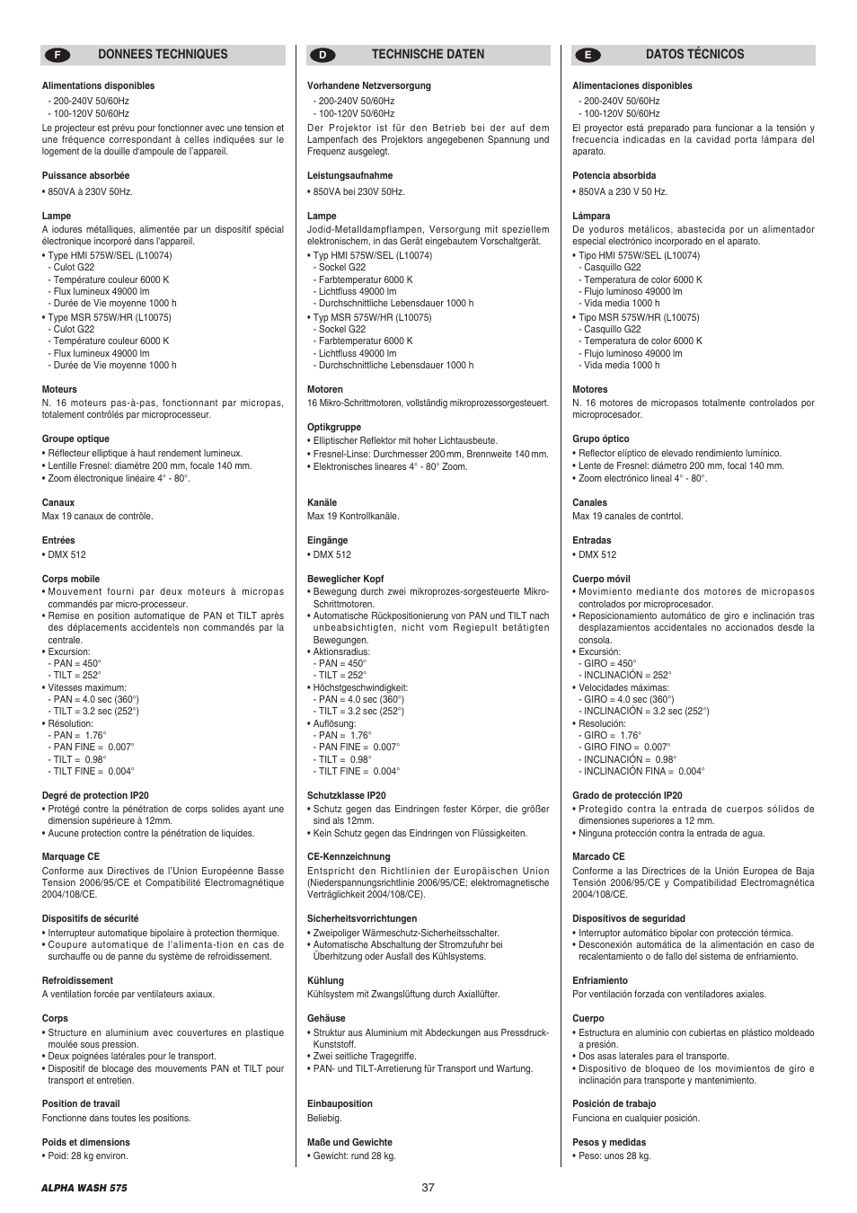 Clay Paky ALPHA WASH 575 User Manual | Page 37 / 40