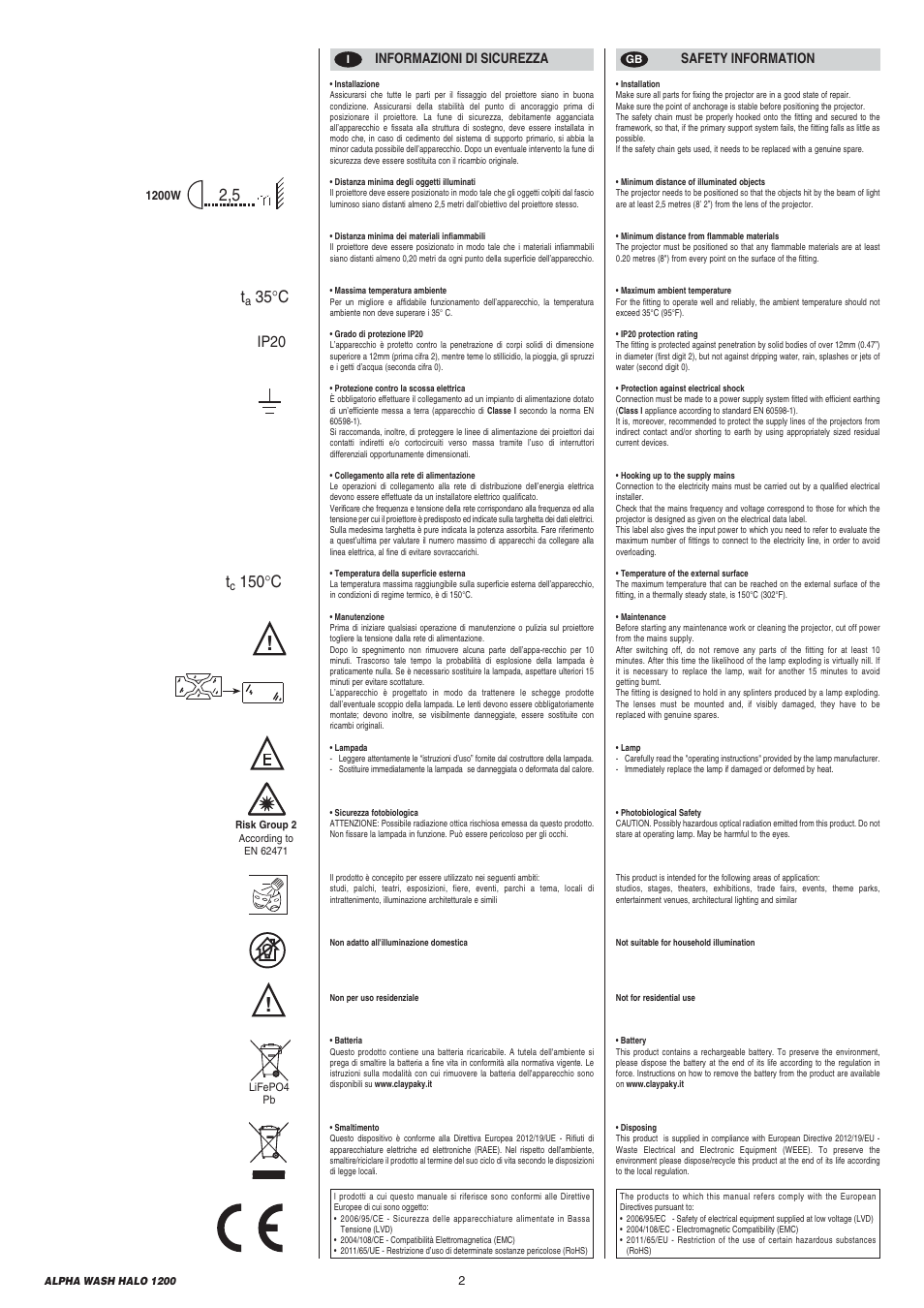 35 °c t, 150 °c, Ip20 | Clay Paky ALPHA WASH HALO 1200 User Manual | Page 2 / 39
