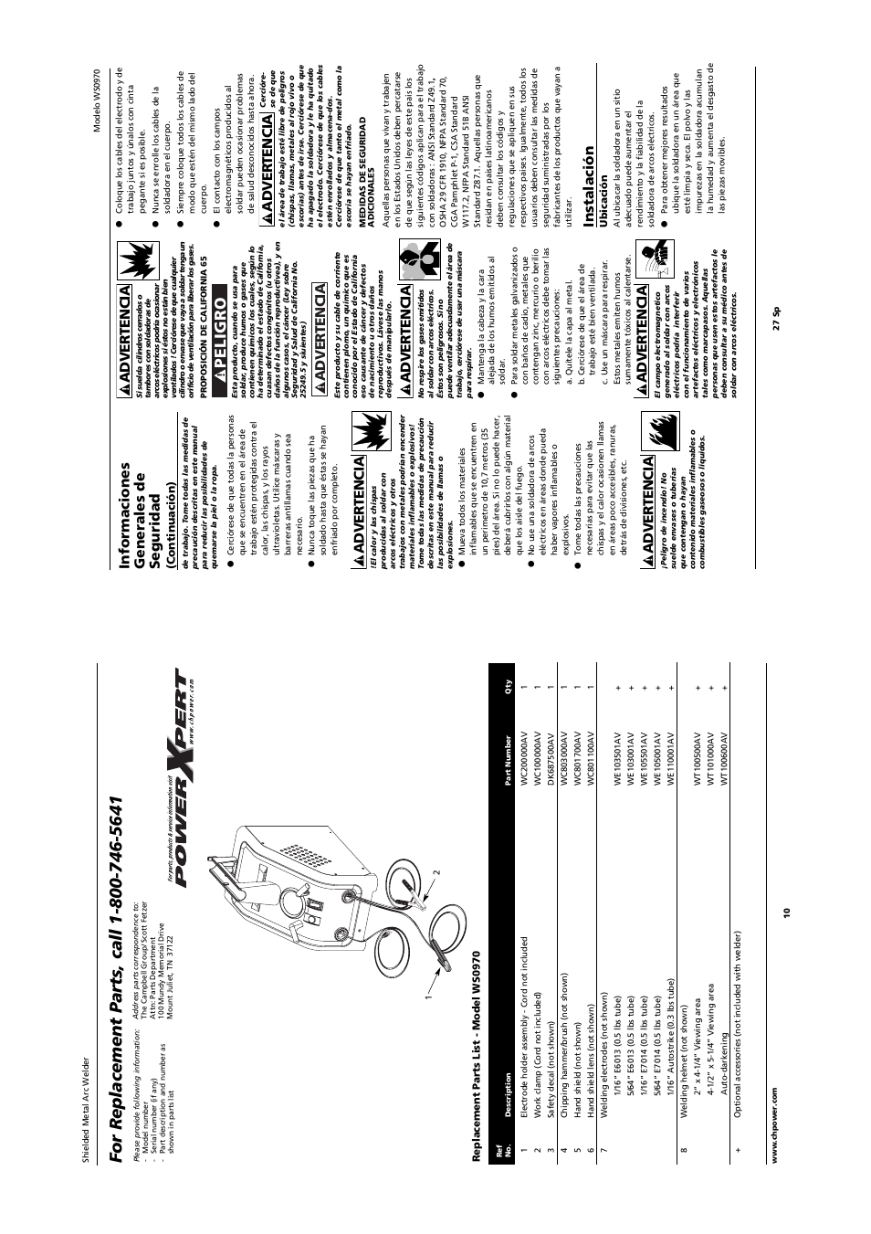 Peligro, Instalación, Advertencia informaciones generales de seguridad | Advertencia | Campbell Hausfeld SHIELDEDMETAL ARCWELDER WS0970 User Manual | Page 10 / 18