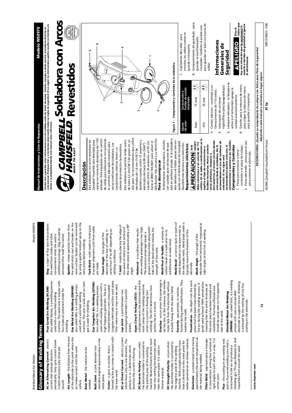 Soldadora con ar cos revestidos, Peligro, Precaucion | Descripción, Informaciones generales de seguridad, Glossary of w elding t e rms | Campbell Hausfeld SHIELDEDMETAL ARCWELDER WS0970 User Manual | Page 12 / 18