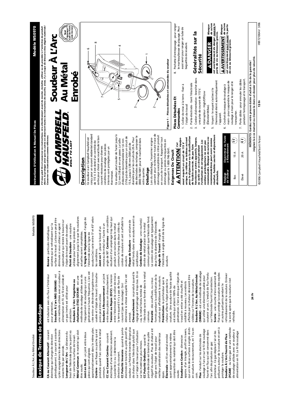 Soudeur à l ’ar c au métal enr obé, Attention, Danger | Lexique de t e rmes de soudage, Description, Généralités sur la sécurité, Avertissement | Campbell Hausfeld SHIELDEDMETAL ARCWELDER WS0970 User Manual | Page 13 / 18