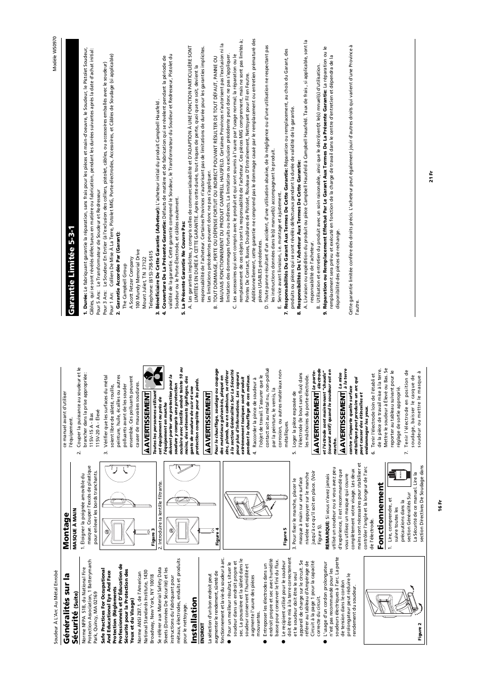 Garantie limitée 5-3-1, Montage, Fonctionnement | Installation, Généralités sur la sécurité, Avertissement | Campbell Hausfeld SHIELDEDMETAL ARCWELDER WS0970 User Manual | Page 16 / 18