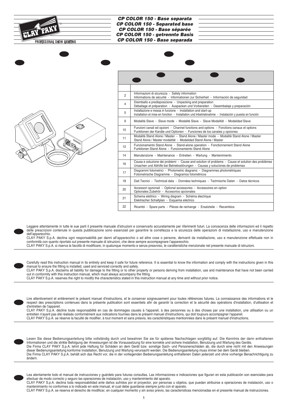 Clay Paky CP COLOR 150 Base Separata User Manual | 18 pages