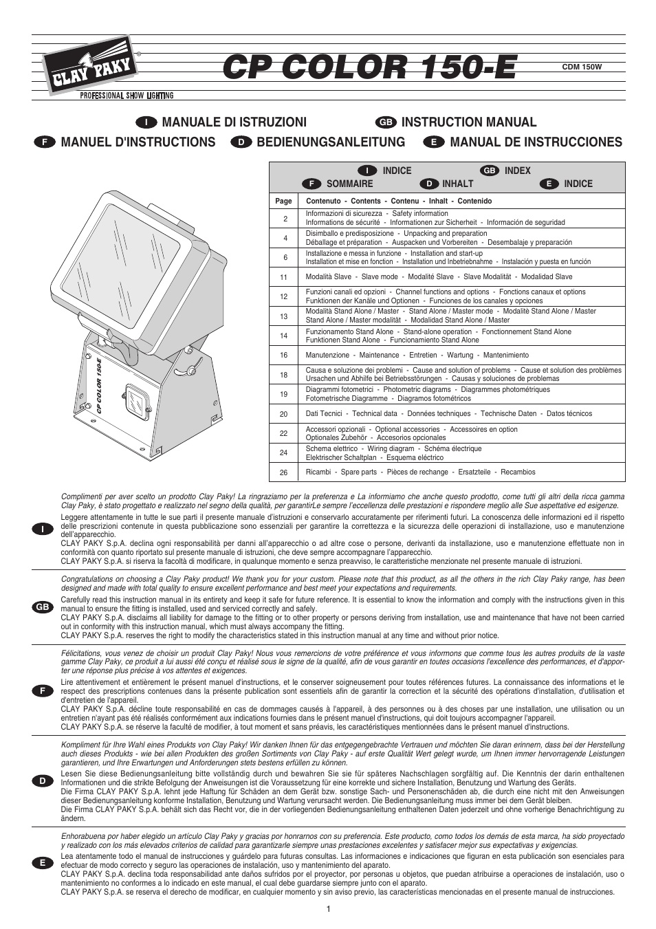 Clay Paky CP COLOR 150-E User Manual | 20 pages