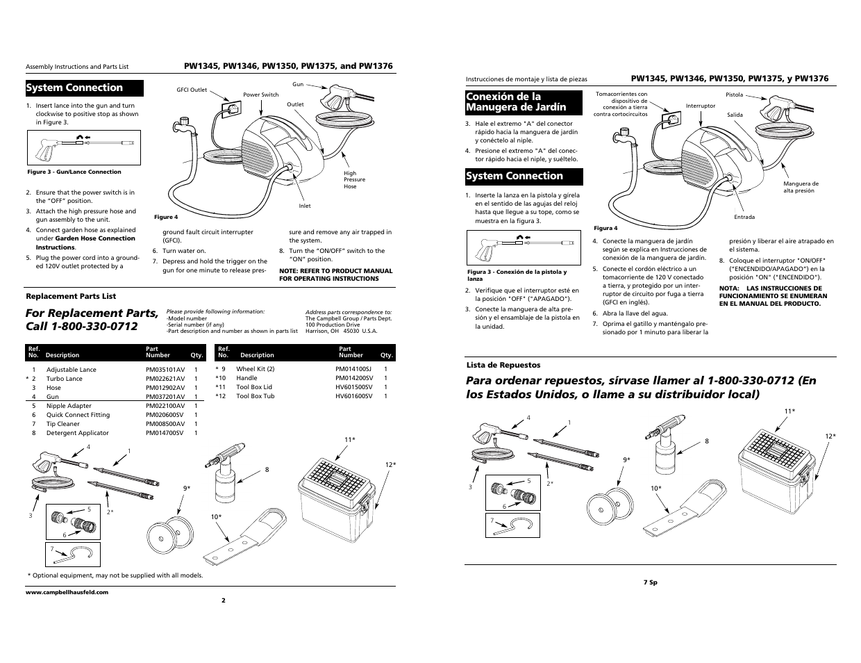 System connection, Conexión de la manugera de jardín | Campbell Hausfeld PW1346 User Manual | Page 2 / 4