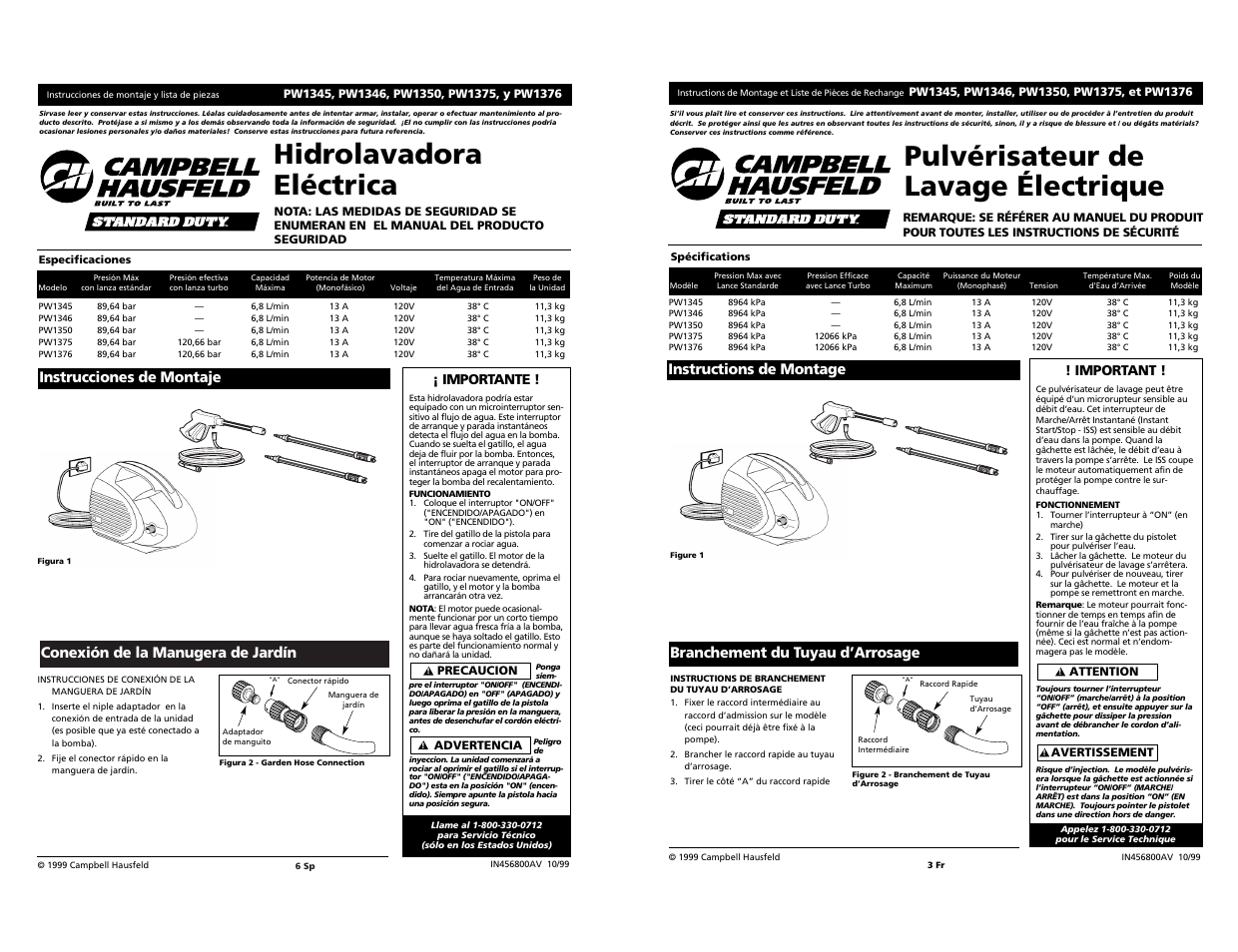 Hidrolavadora eléctrica, Pulvérisateur de lavage électrique, Conexión de la manugera de jardín | Instrucciones de montaje | Campbell Hausfeld PW1346 User Manual | Page 3 / 4