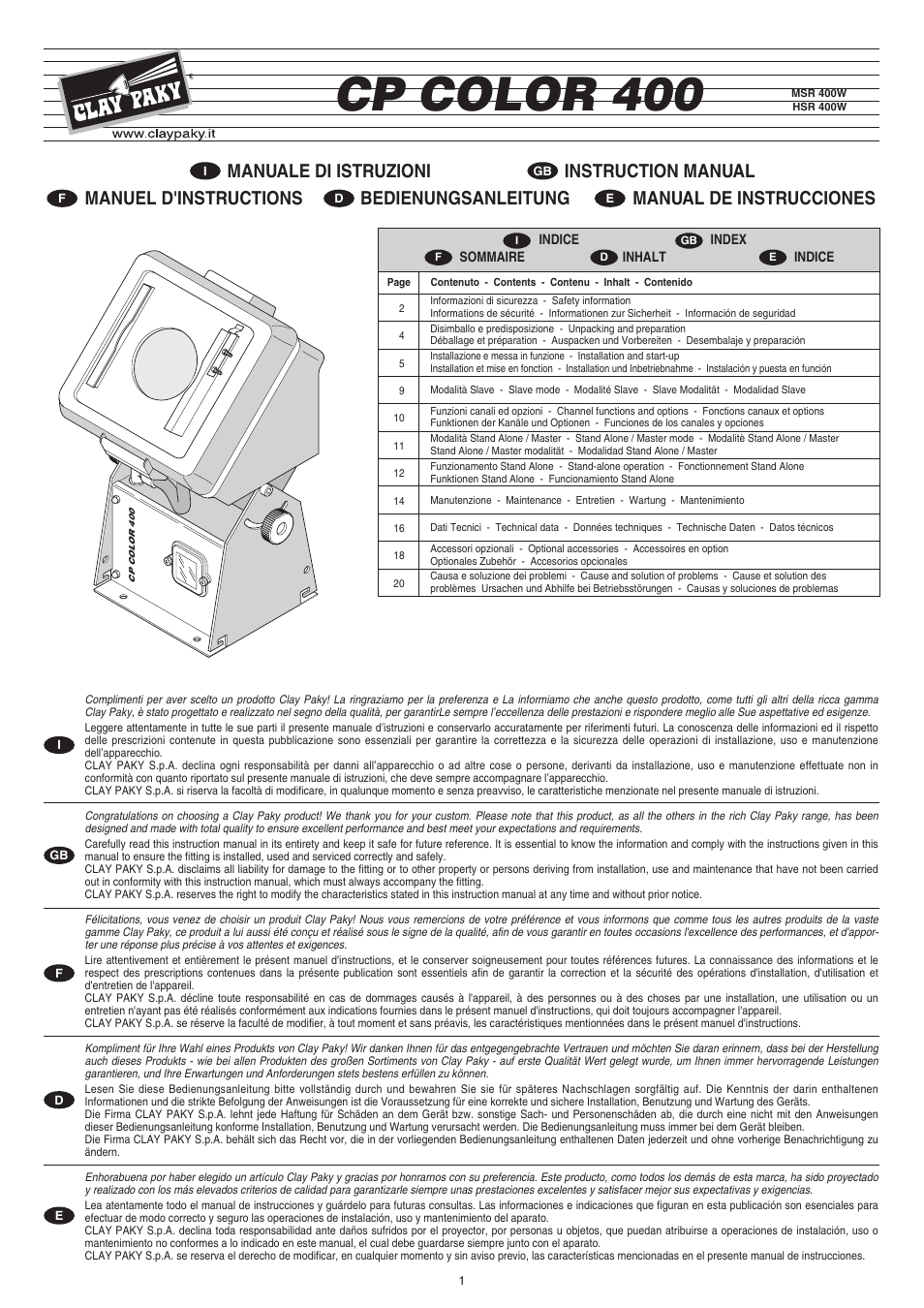 Clay Paky CP COLOR 400 User Manual | 20 pages