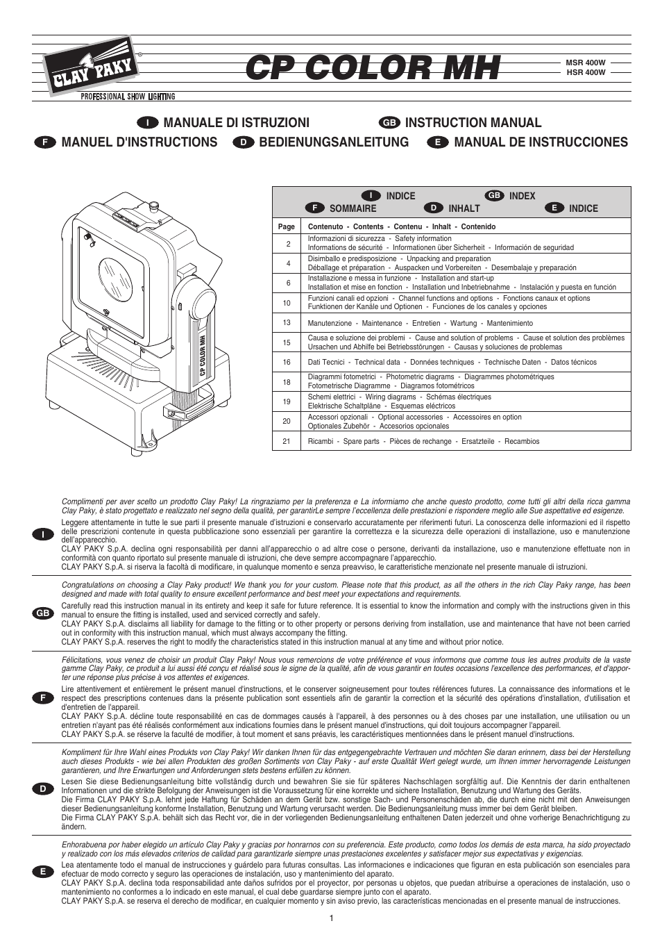 Clay Paky CP COLOR MH User Manual | 17 pages