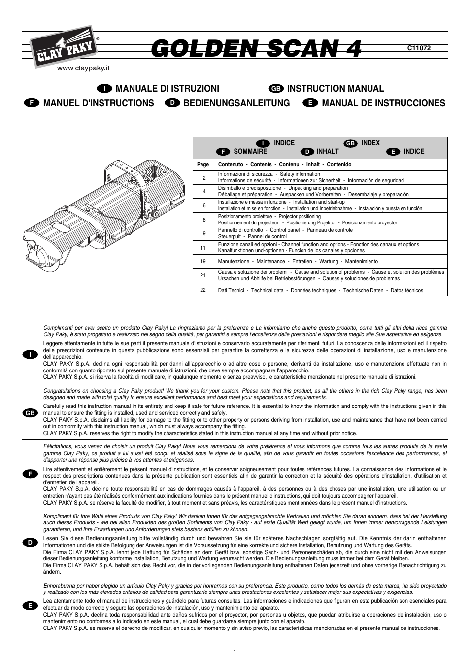 Clay Paky GOLDEN SCAN 4 User Manual | 24 pages