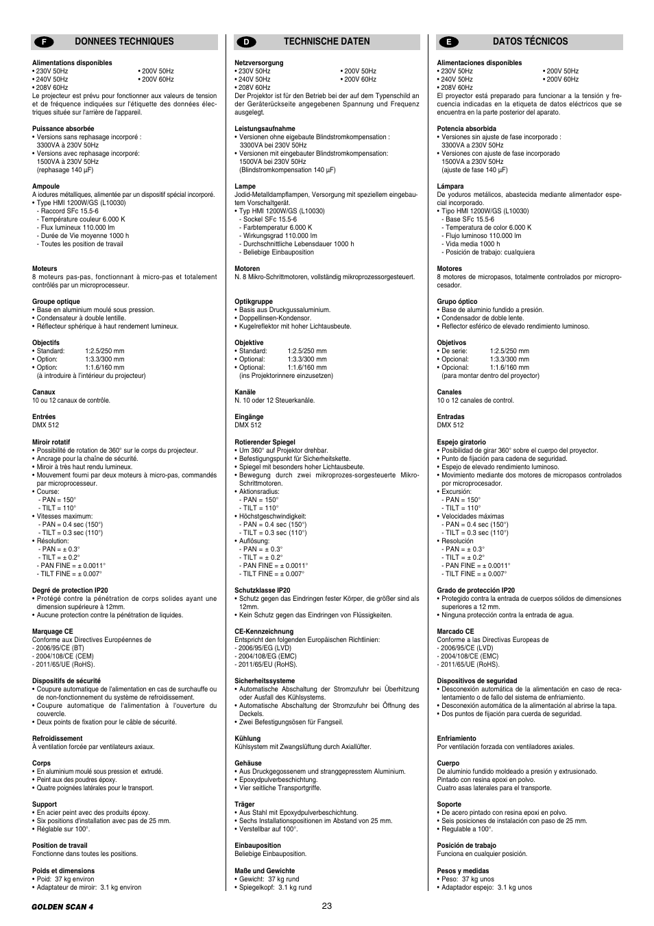 Technische daten datos técnicos, Donnees techniques | Clay Paky GOLDEN SCAN 4 User Manual | Page 23 / 24