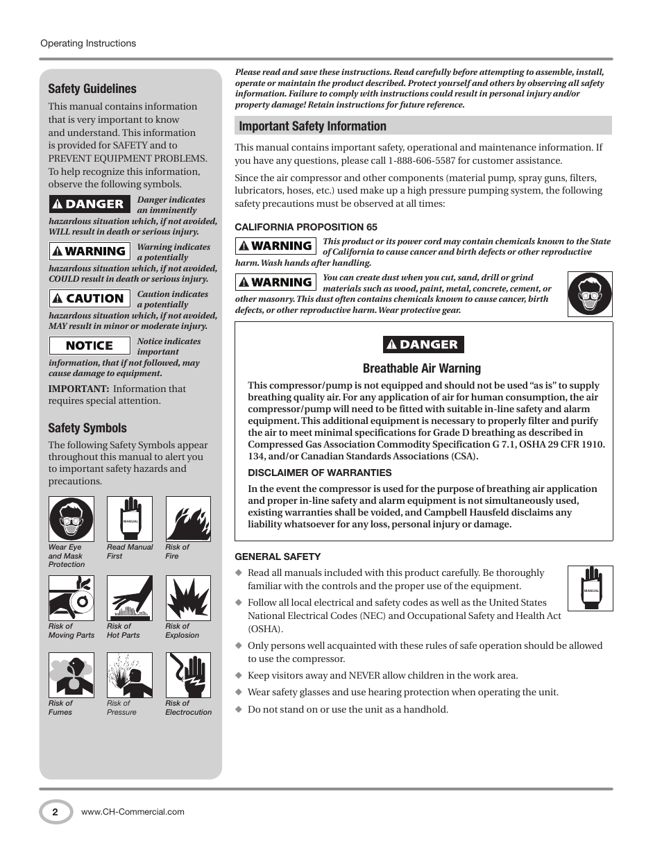 Safety guidelines, Safety symbols, Important safety information | Breathable air warning | Campbell Hausfeld CE7000 User Manual | Page 2 / 60