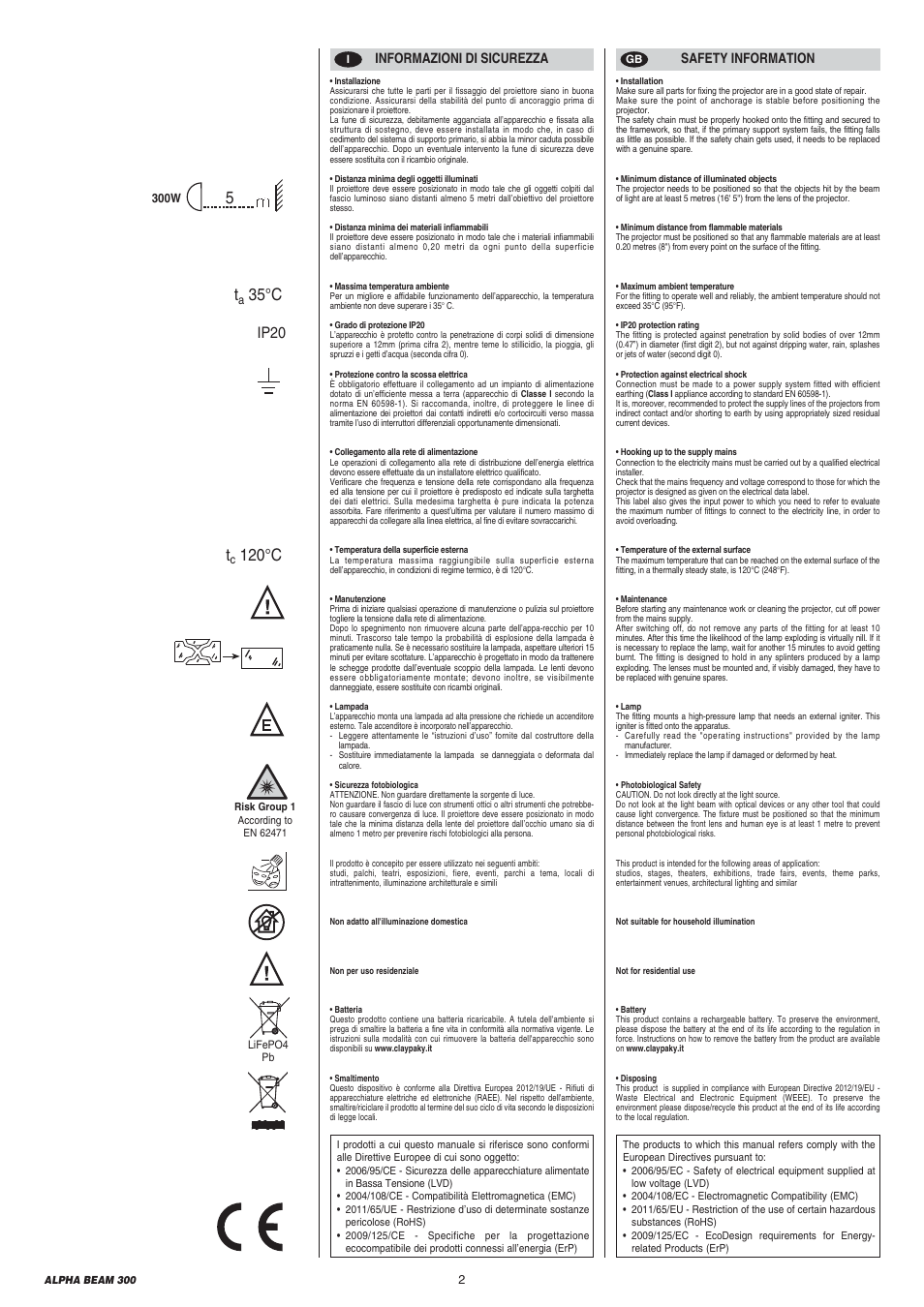 35°c t, 120°c, Ip20 | Clay Paky ALPHA BEAM 300 User Manual | Page 2 / 40