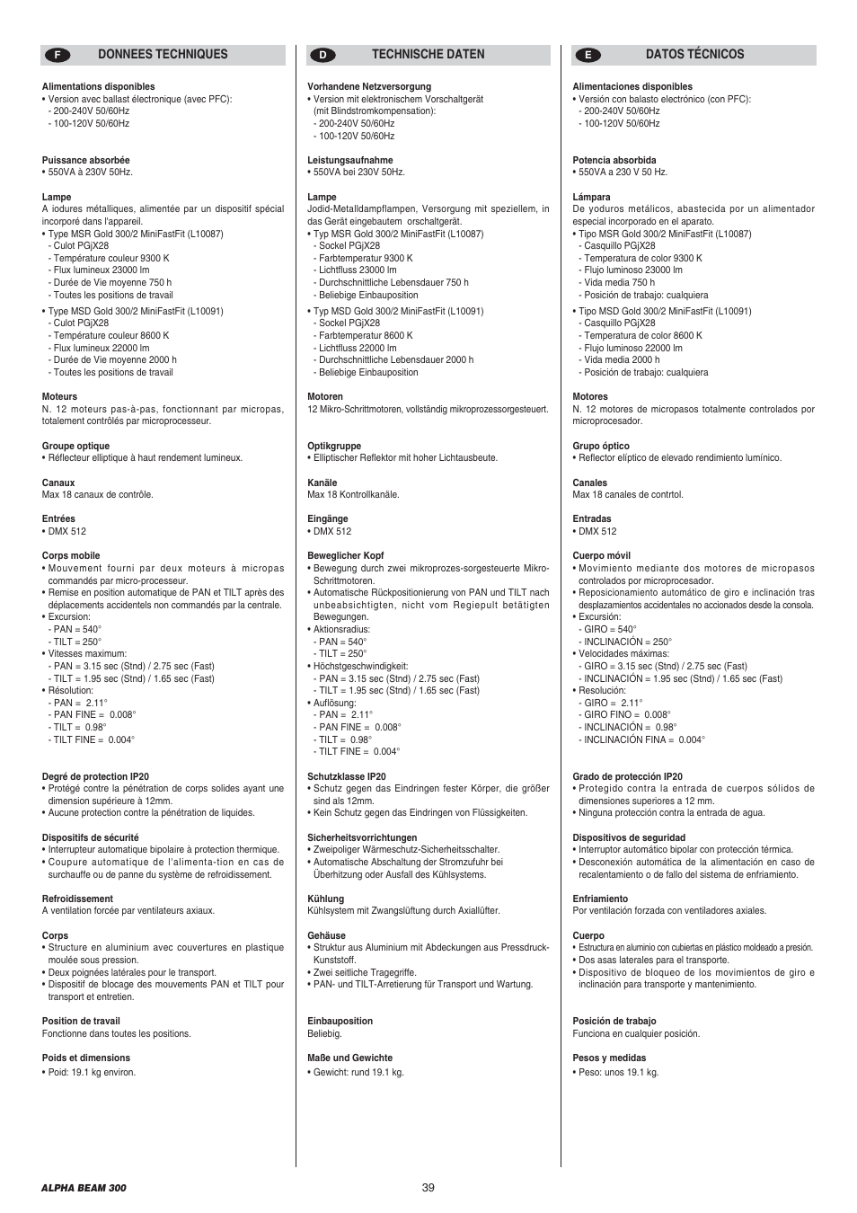 Clay Paky ALPHA BEAM 300 User Manual | Page 39 / 40