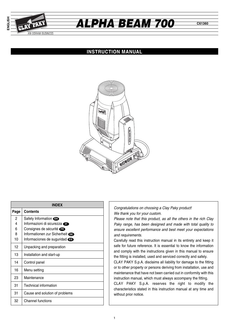 Clay Paky ALPHA BEAM 700 User Manual | 38 pages