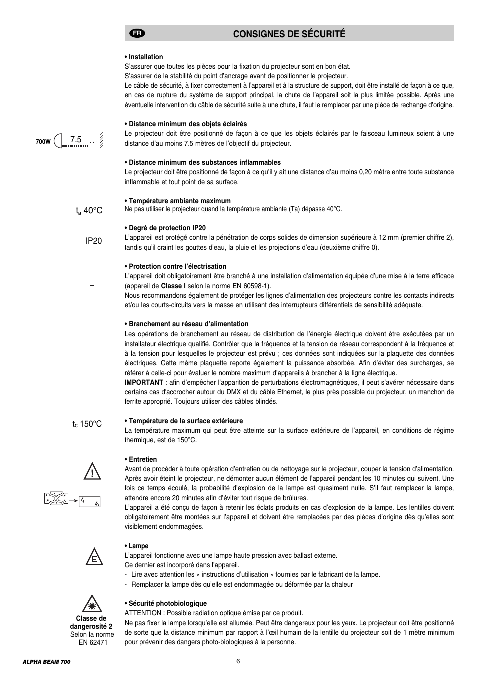 Consignes de sécurité | Clay Paky ALPHA BEAM 700 User Manual | Page 6 / 38