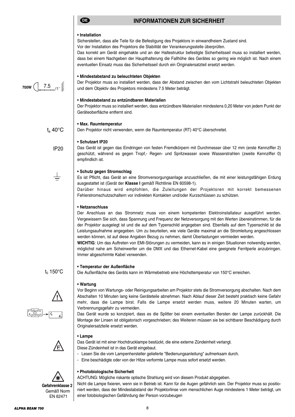 Informationen zur sicherheit | Clay Paky ALPHA BEAM 700 User Manual | Page 8 / 38