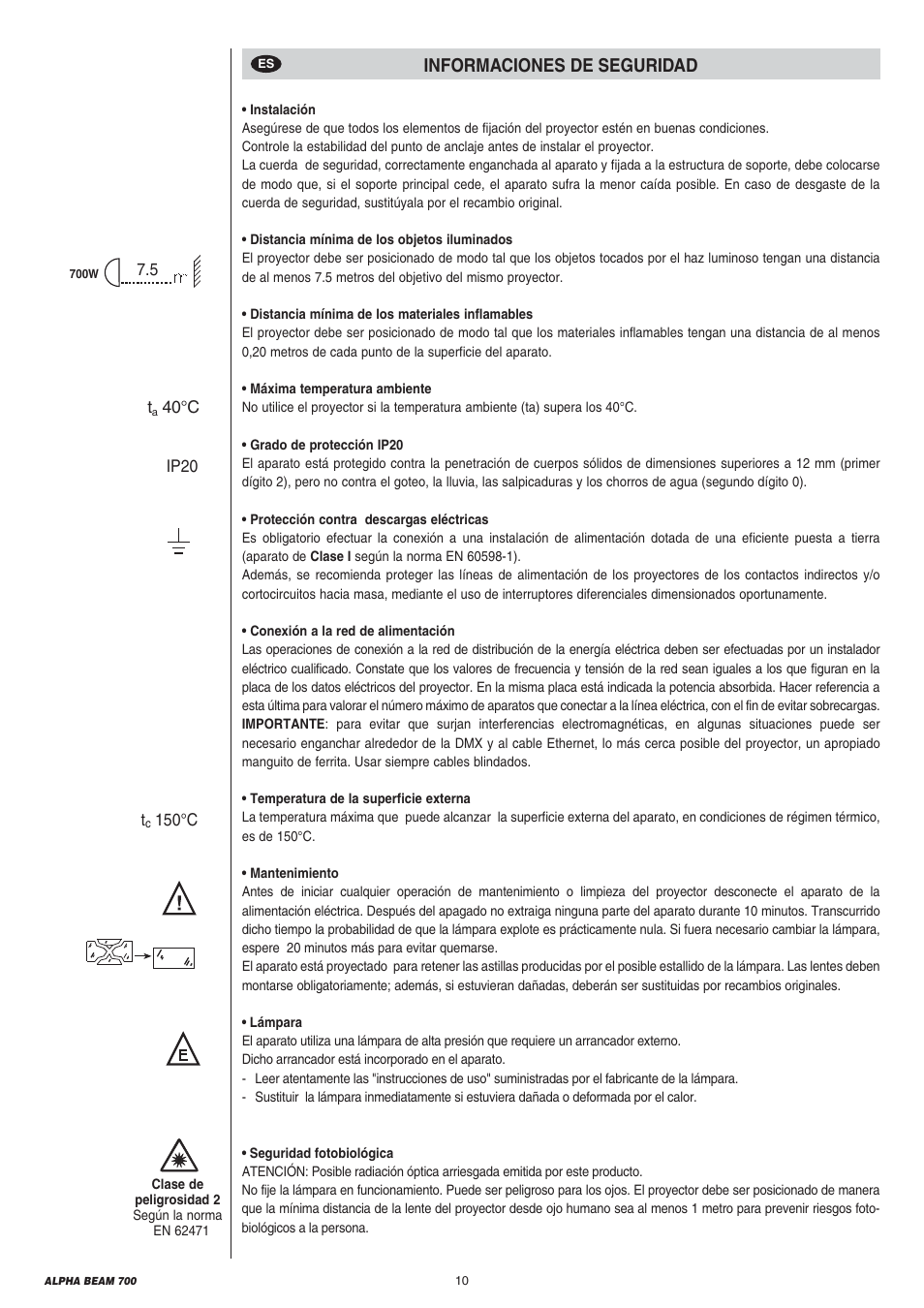 Informaciones de seguridad | Clay Paky ALPHA BEAM 700 User Manual | Page 10 / 40