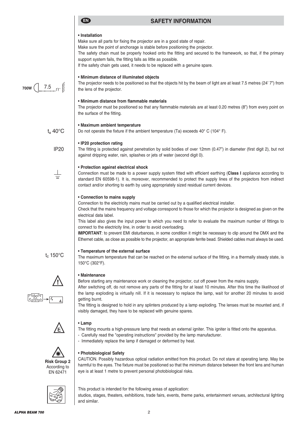 Safety information | Clay Paky ALPHA BEAM 700 User Manual | Page 2 / 40