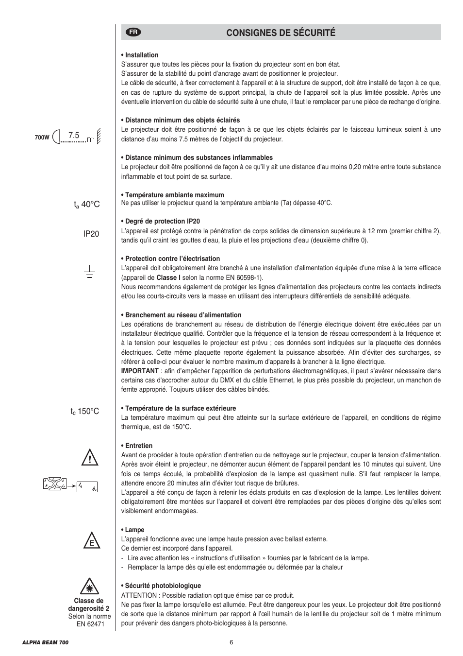 Consignes de sécurité | Clay Paky ALPHA BEAM 700 User Manual | Page 6 / 40