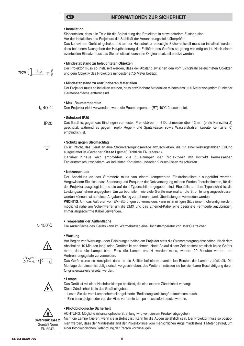 Informationen zur sicherheit | Clay Paky ALPHA BEAM 700 User Manual | Page 8 / 40