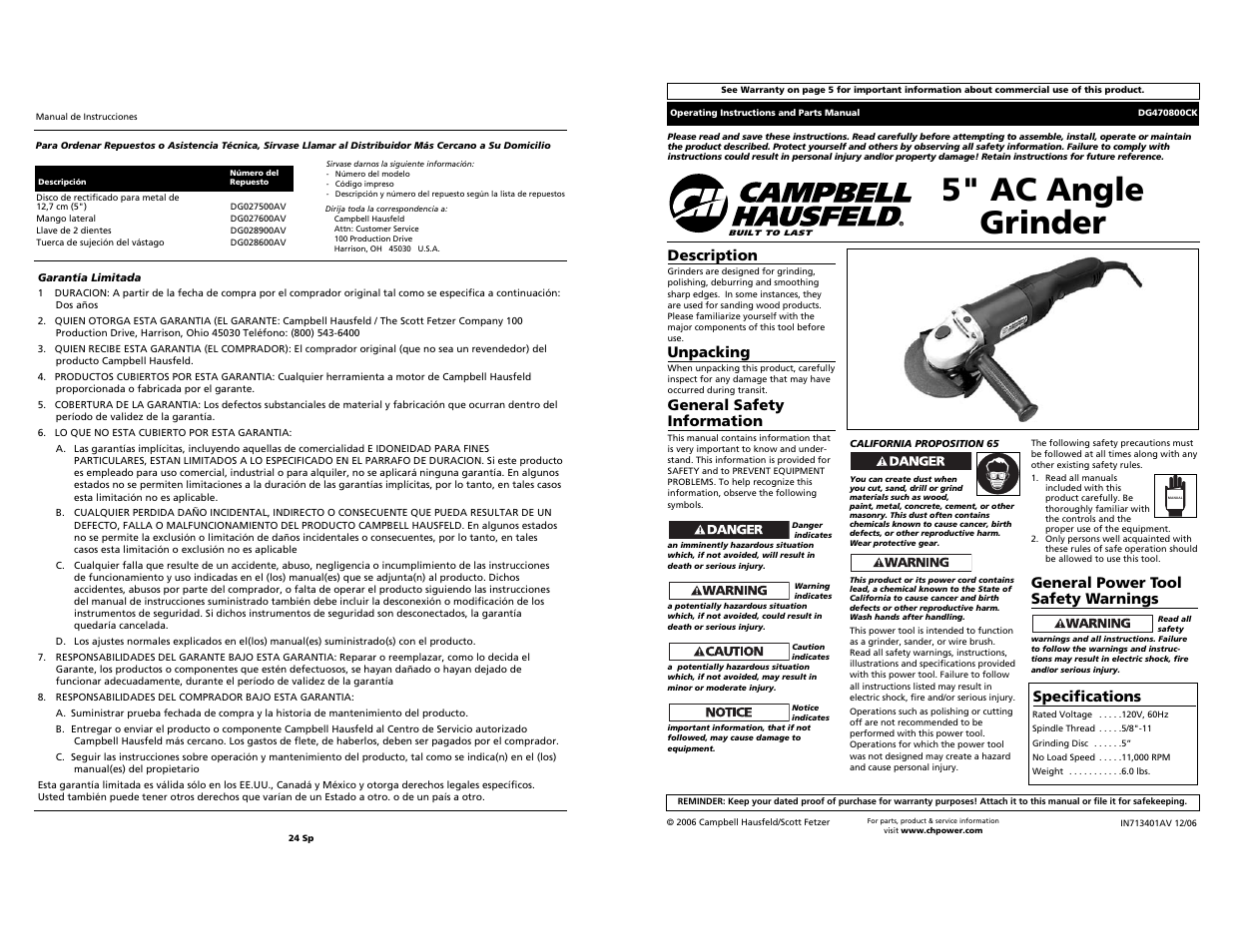 Campbell Hausfeld Grinder User Manual | 12 pages