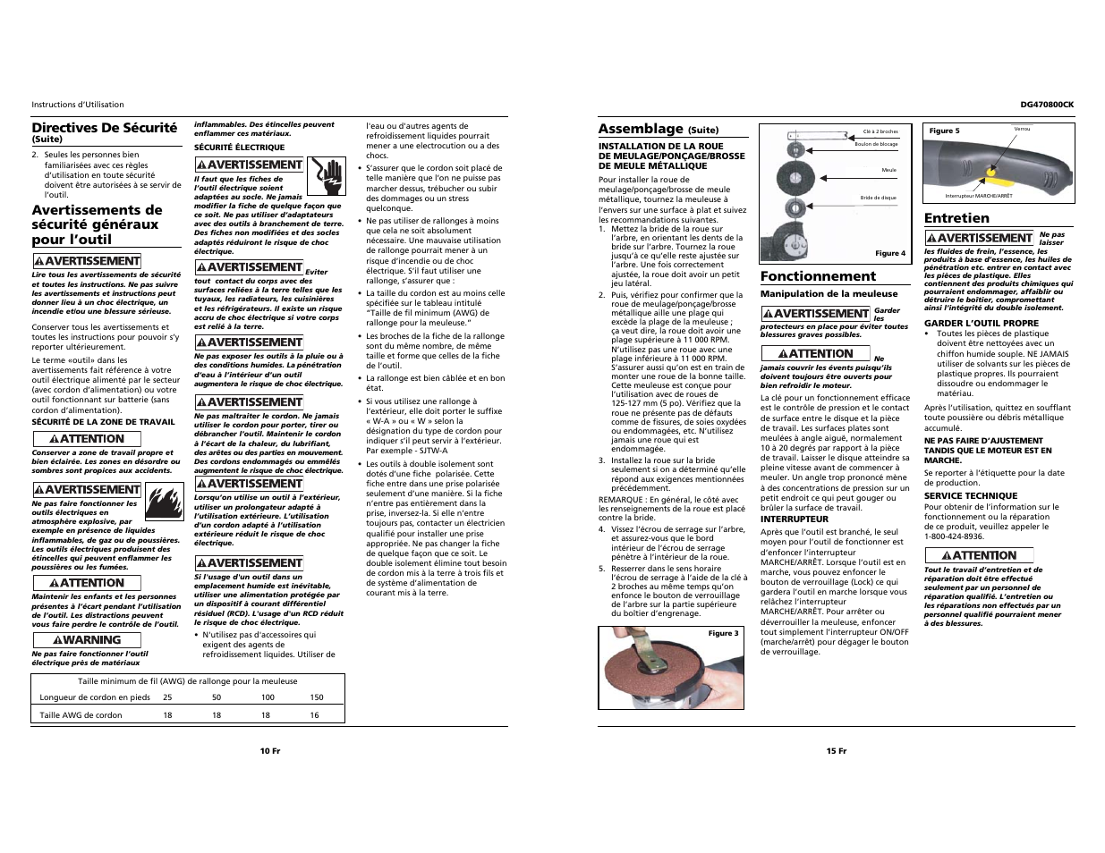 Fonctionnement, Entretien, Assemblage | Avertissements de sécurité généraux pour l’outil, Directives de sécurité | Campbell Hausfeld Grinder User Manual | Page 10 / 12