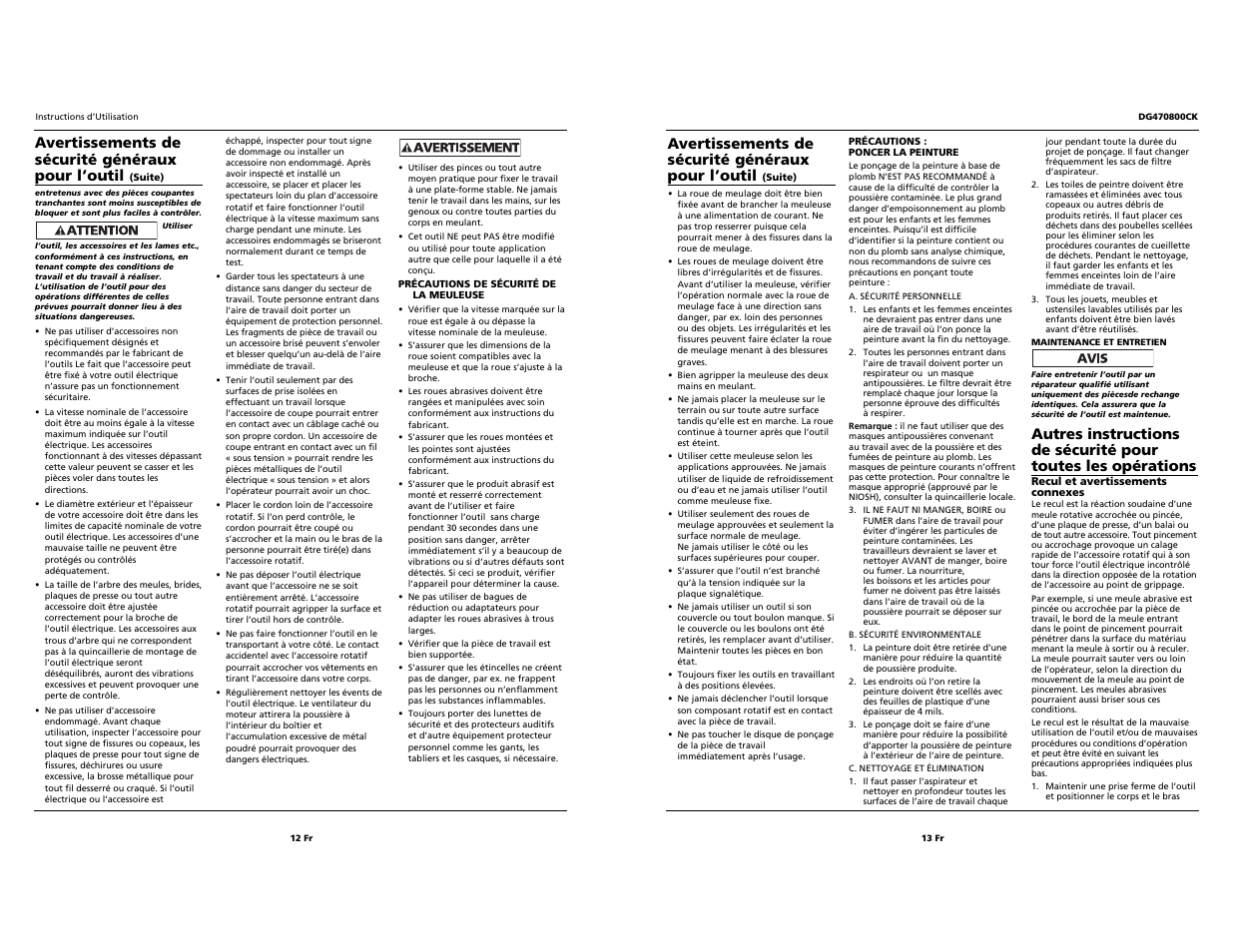 Avertissements de sécurité généraux pour l’outil | Campbell Hausfeld Grinder User Manual | Page 12 / 12