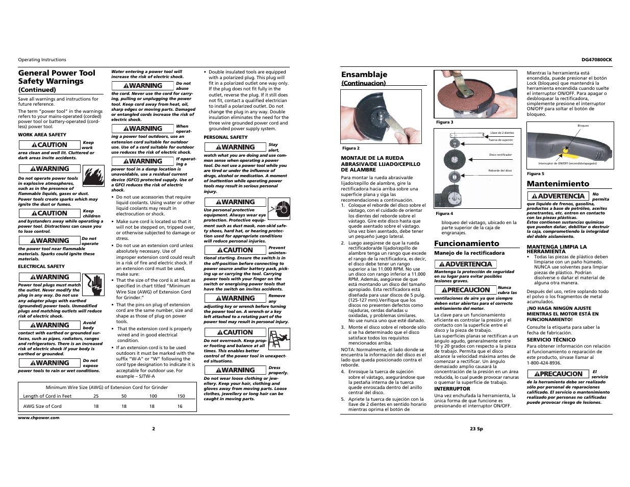 Mantenimiento, Funcionamiento, Ensamblaje | General power tool safety warnings | Campbell Hausfeld Grinder User Manual | Page 2 / 12