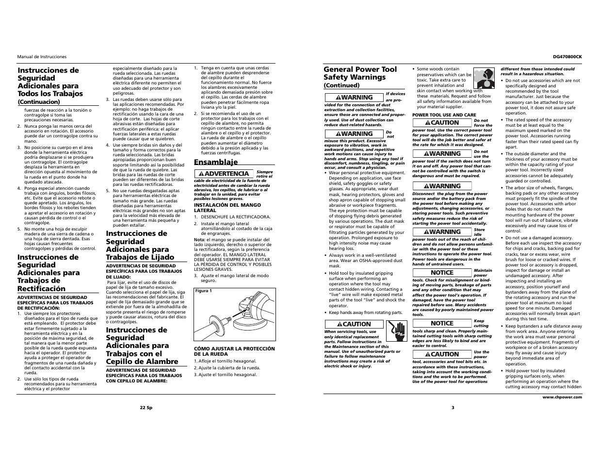 Ensamblaje, General power tool safety warnings | Campbell Hausfeld Grinder User Manual | Page 3 / 12