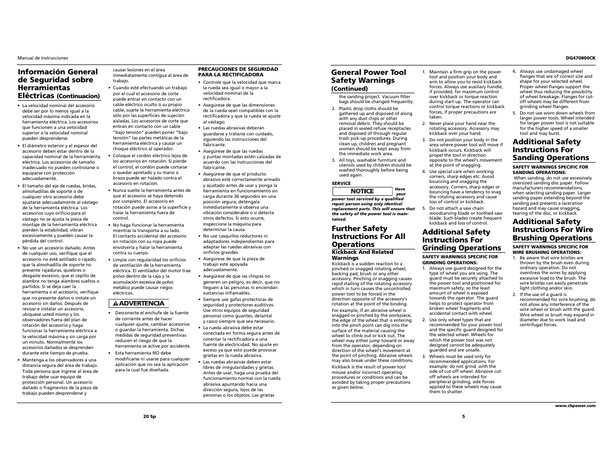 Further safety instructions for all operations, General power tool safety warnings | Campbell Hausfeld Grinder User Manual | Page 5 / 12