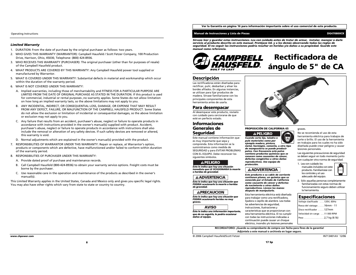 Rectificadora de ángulo de 5" de ca, Descripción, Para desempacar | Informaciones generales de seguridad, Especificaciones | Campbell Hausfeld Grinder User Manual | Page 8 / 12