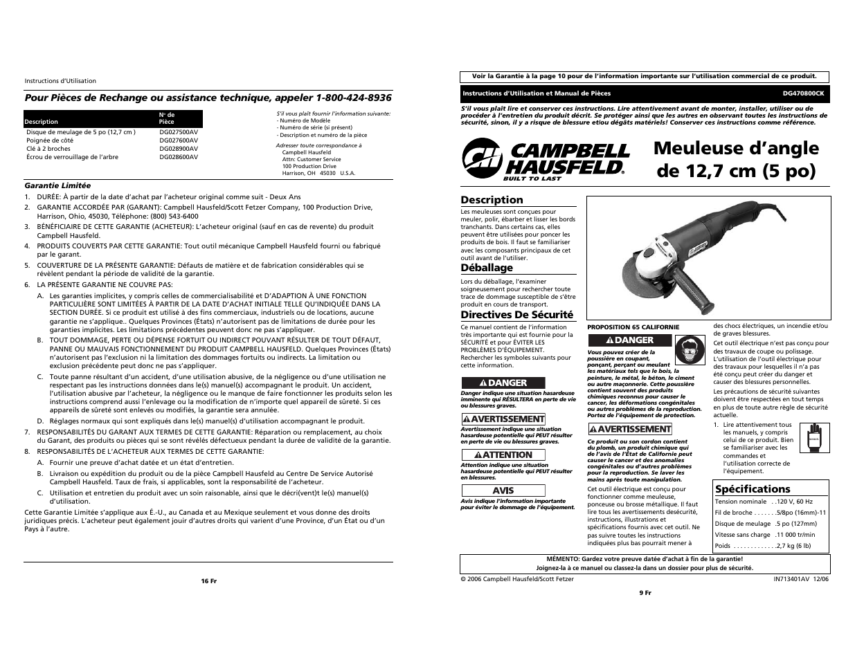 Meuleuse d’angle de 12,7 cm (5 po), Description, Déballage | Directives de sécurité, Spécifications | Campbell Hausfeld Grinder User Manual | Page 9 / 12
