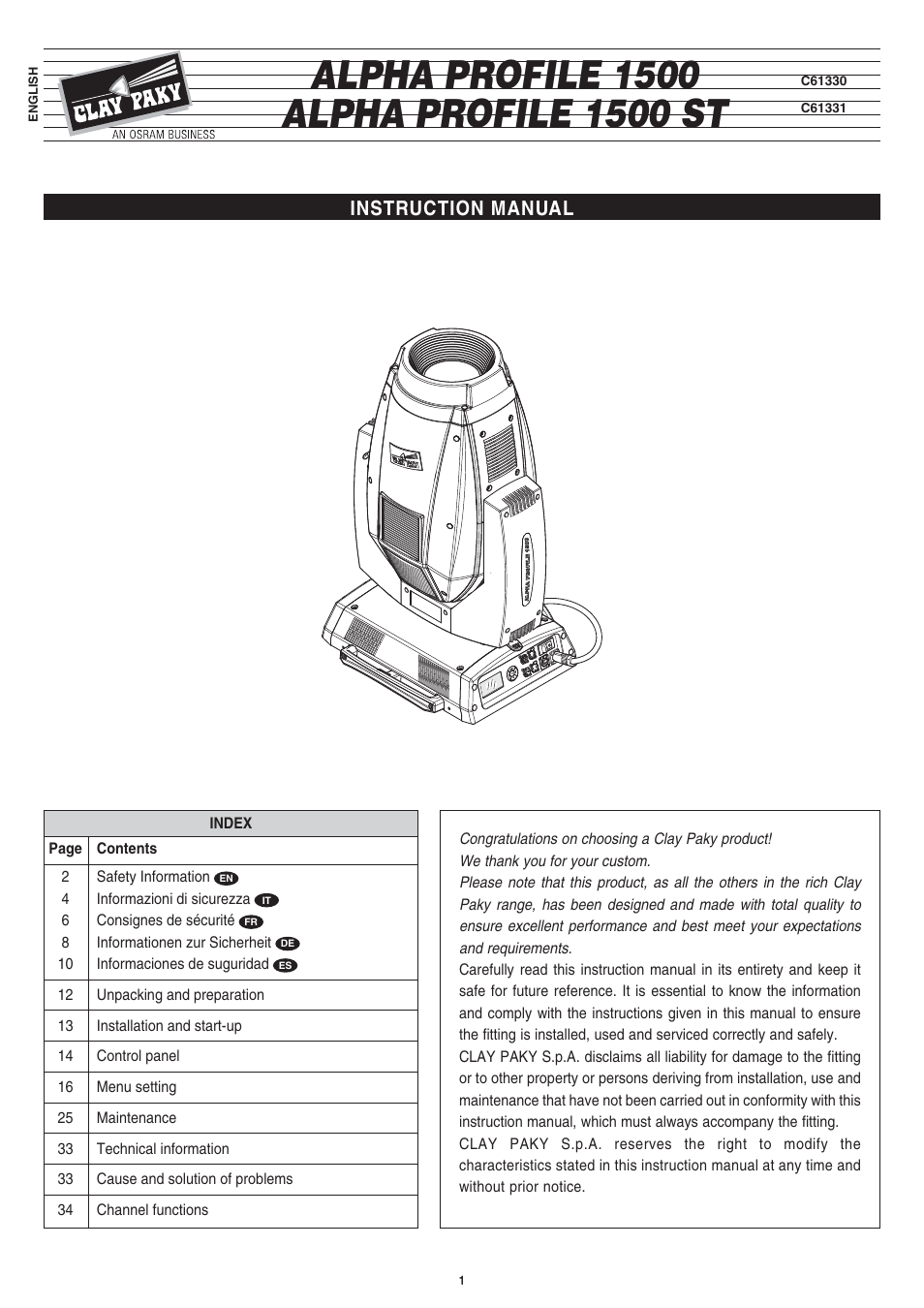 Clay Paky ALPHA PROFILE 1500 ST User Manual | 44 pages