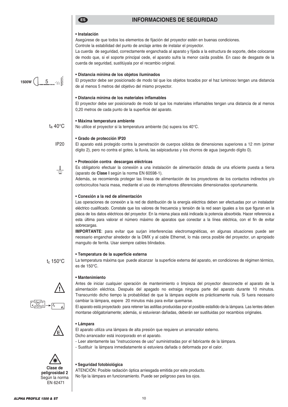 Informaciones de seguridad | Clay Paky ALPHA PROFILE 1500 ST User Manual | Page 10 / 44