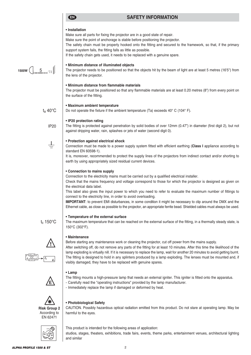 Safety information | Clay Paky ALPHA PROFILE 1500 ST User Manual | Page 2 / 44