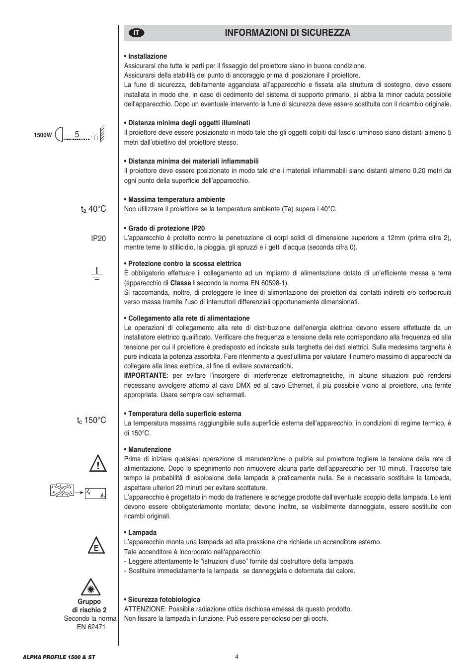 Informazioni di sicurezza | Clay Paky ALPHA PROFILE 1500 ST User Manual | Page 4 / 44