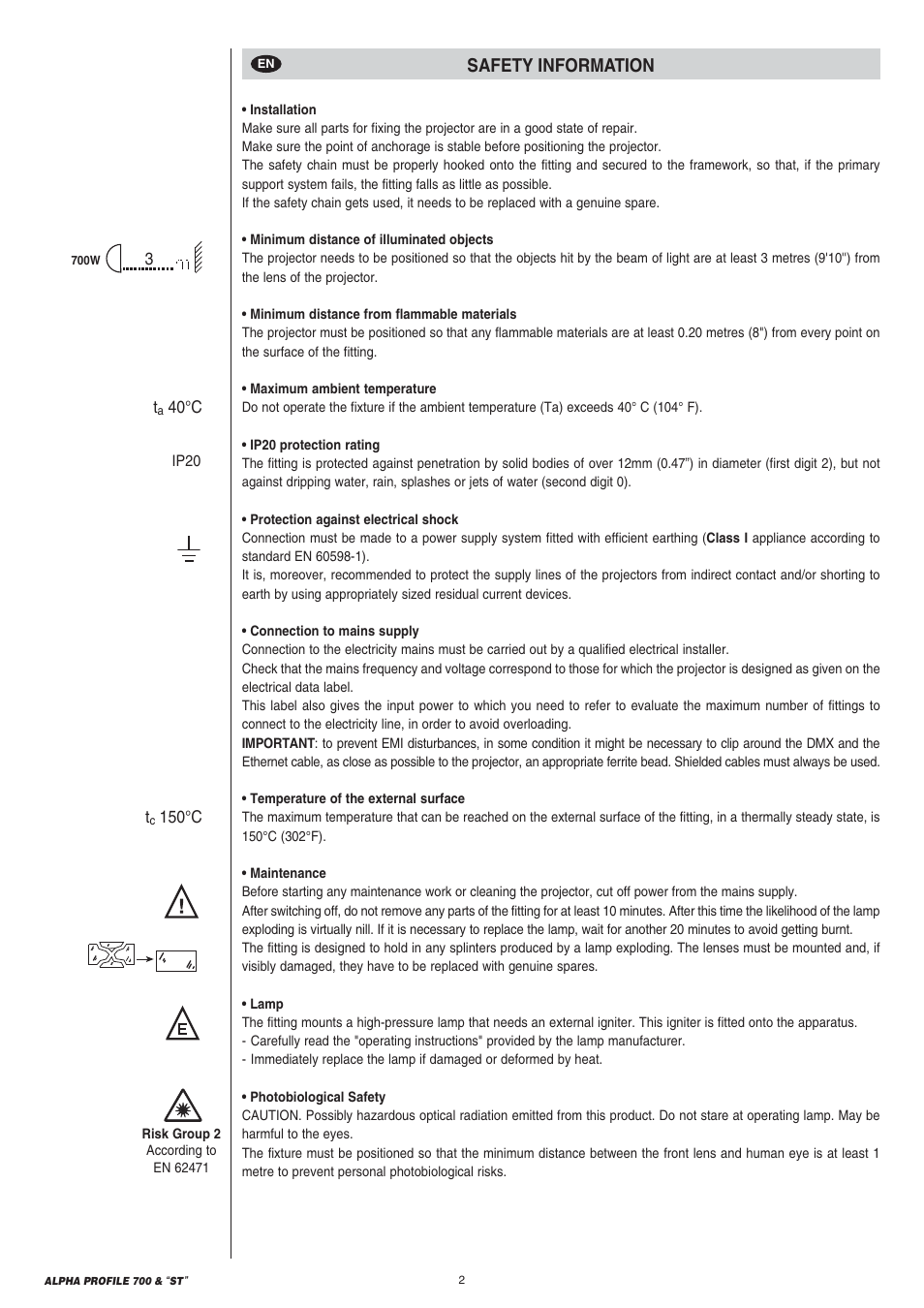 Safety information | Clay Paky ALPHA PROFILE 700 “ST” User Manual | Page 2 / 40