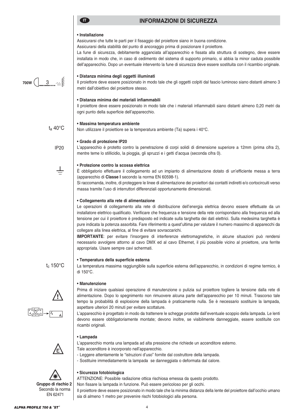 Informazioni di sicurezza | Clay Paky ALPHA PROFILE 700 “ST” User Manual | Page 4 / 40