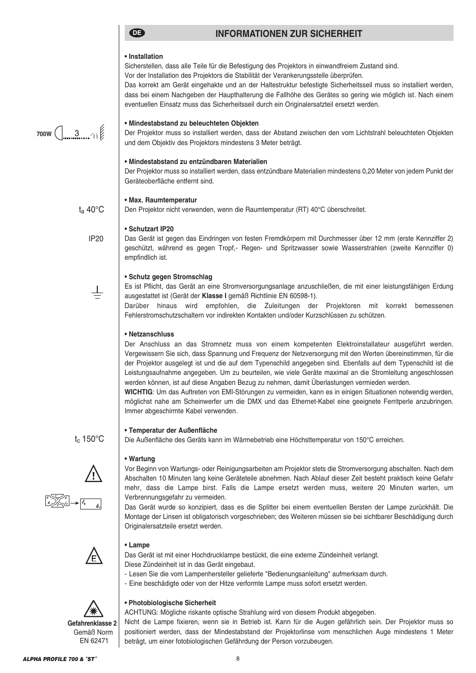 Informationen zur sicherheit | Clay Paky ALPHA PROFILE 700 “ST” User Manual | Page 8 / 40