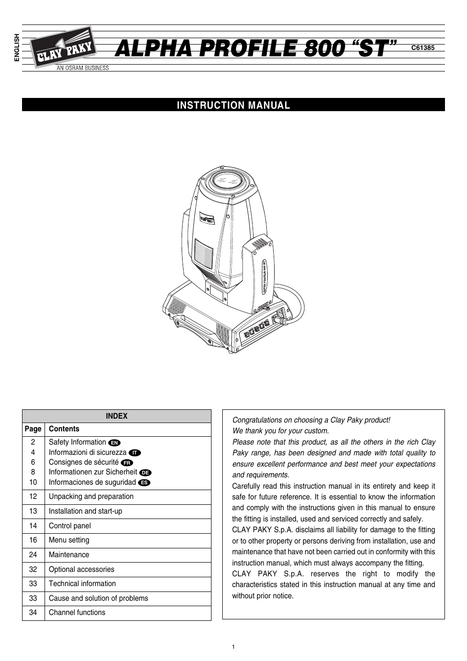 Clay Paky ALPHA PROFILE 800 “ST” User Manual | 44 pages