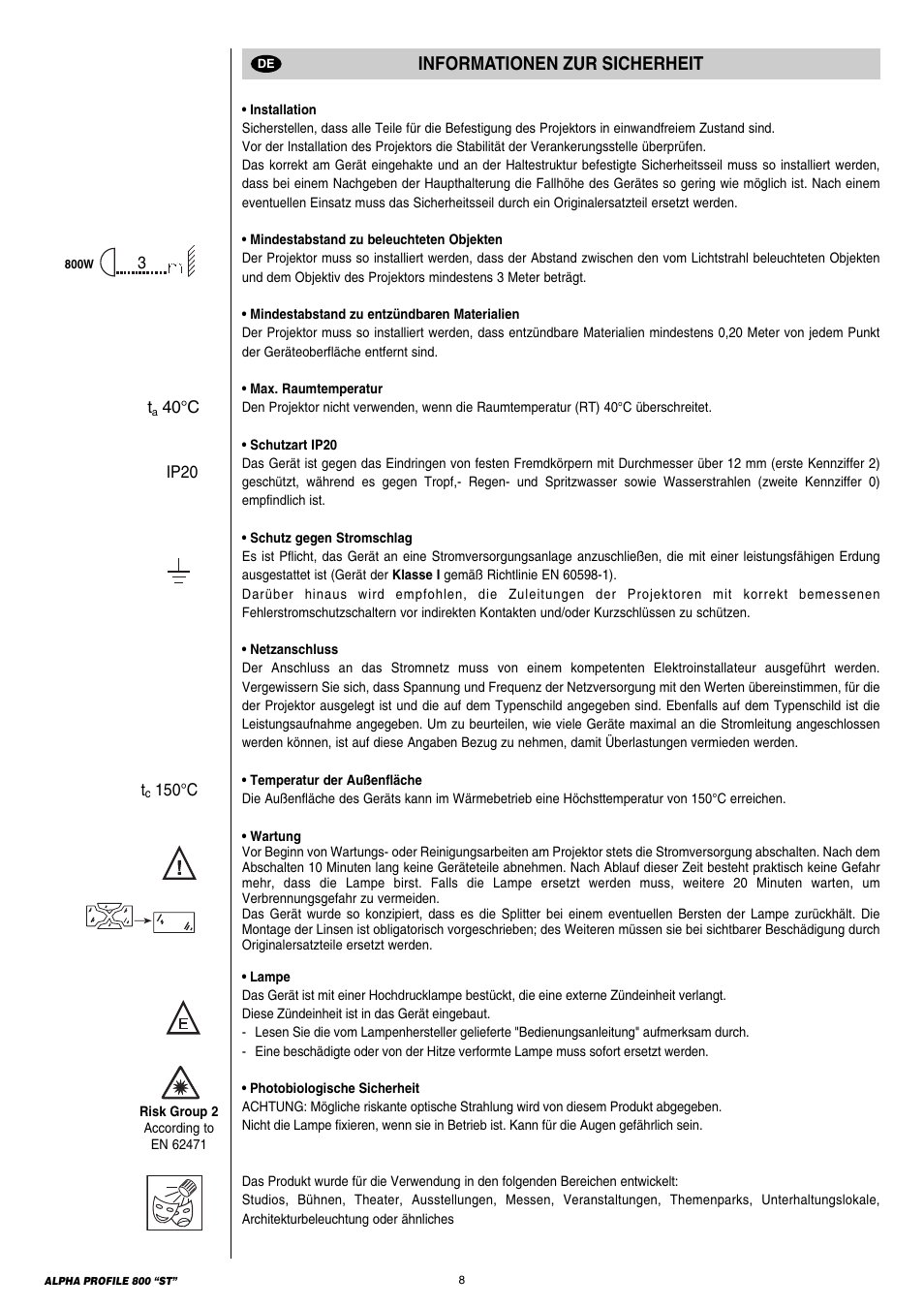 Informationen zur sicherheit | Clay Paky ALPHA PROFILE 800 “ST” User Manual | Page 8 / 44