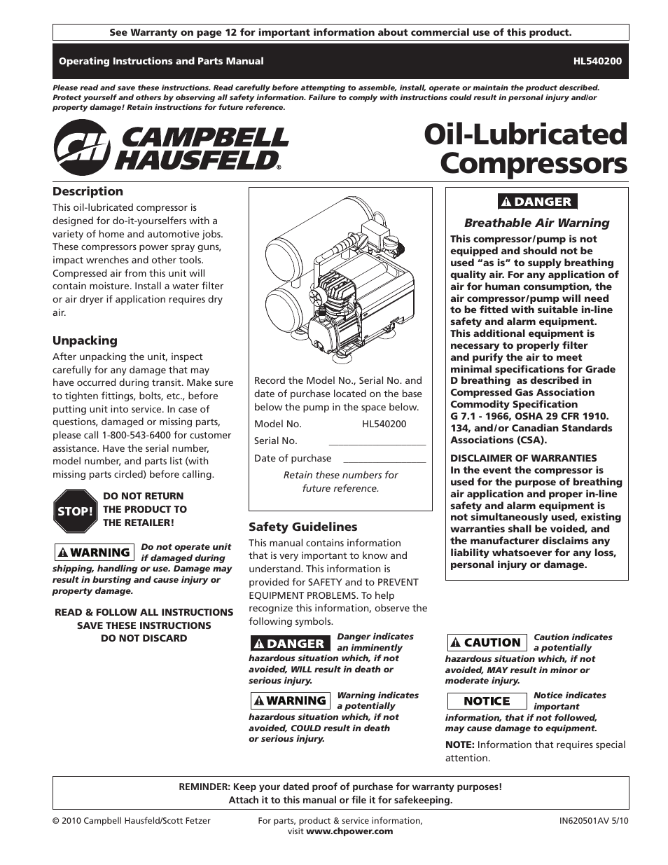 Campbell Hausfeld HL540200 User Manual | 36 pages