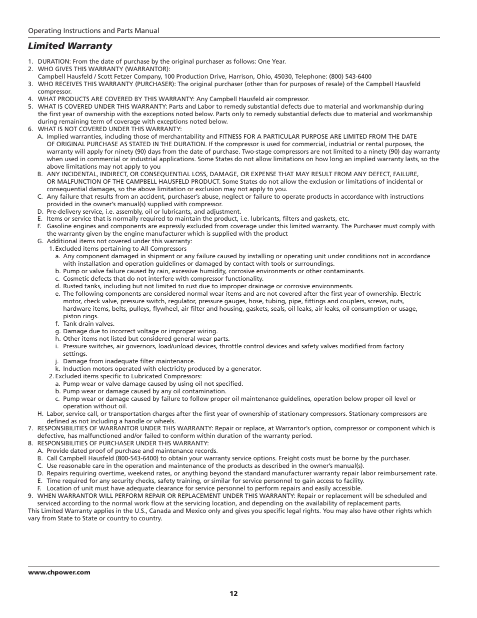 Limited warranty | Campbell Hausfeld HL540200 User Manual | Page 12 / 36