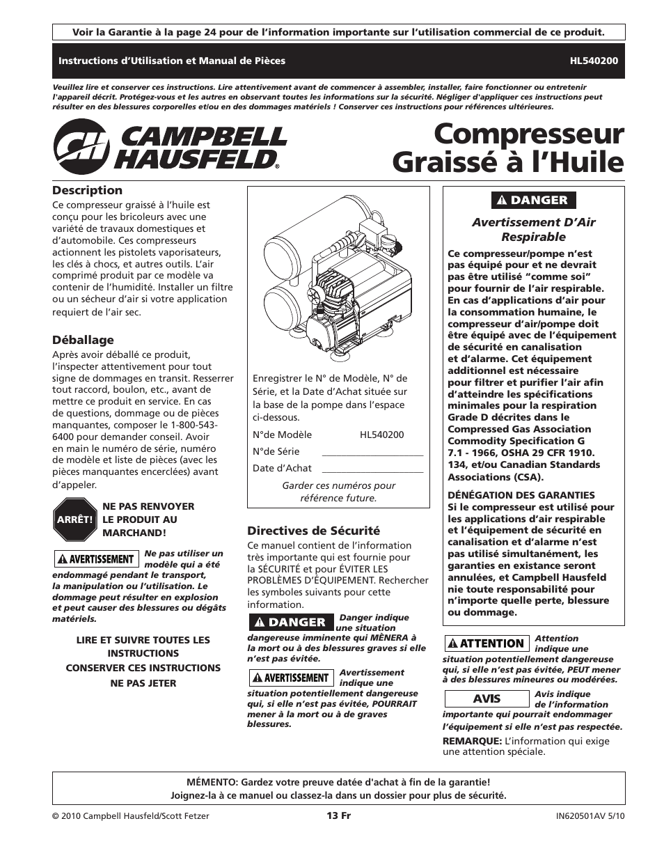 Compresseur graissé à l’huile | Campbell Hausfeld HL540200 User Manual | Page 13 / 36