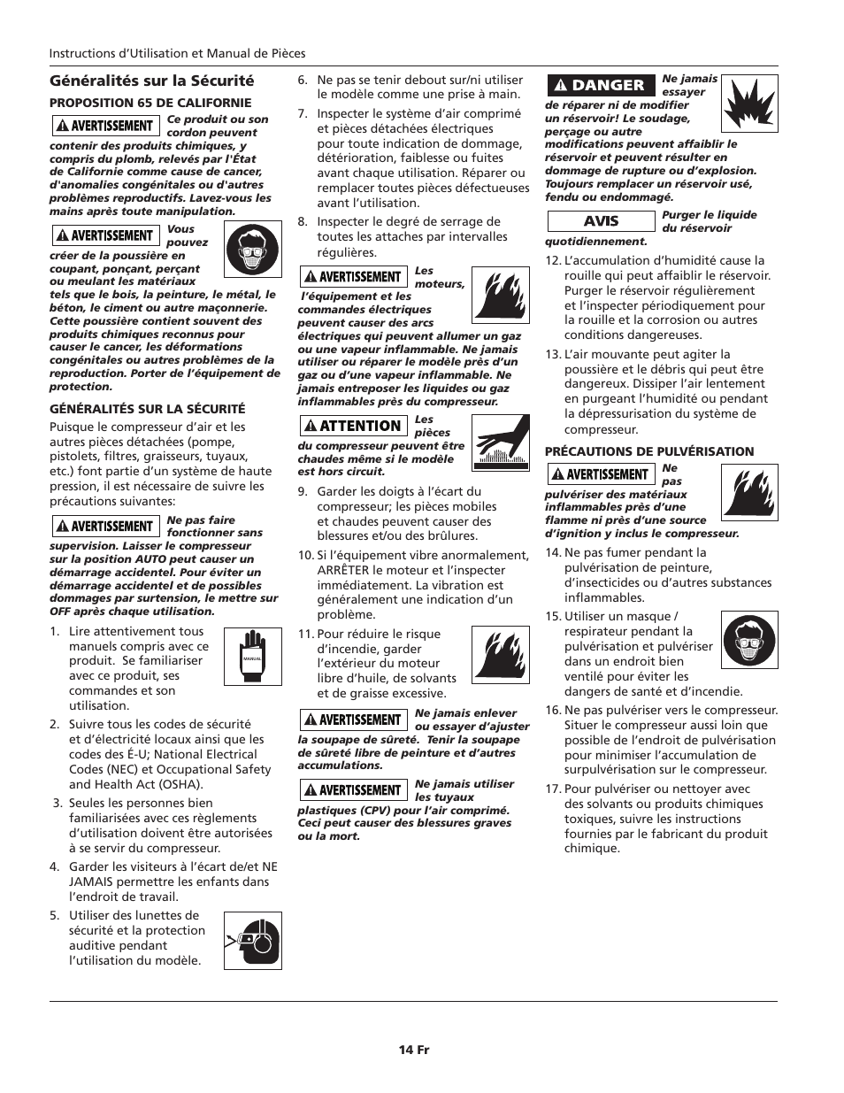 Généralités sur la sécurité | Campbell Hausfeld HL540200 User Manual | Page 14 / 36