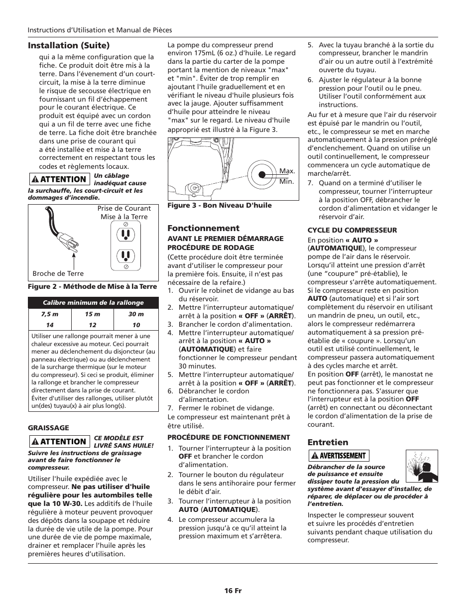 Installation (suite), Fonctionnement, Entretien | Campbell Hausfeld HL540200 User Manual | Page 16 / 36