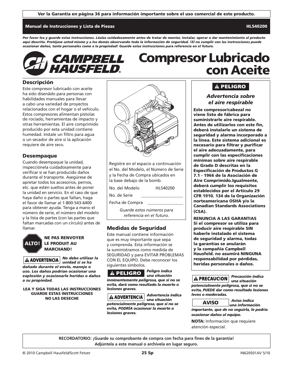 Compresor lubricado con aceite | Campbell Hausfeld HL540200 User Manual | Page 25 / 36