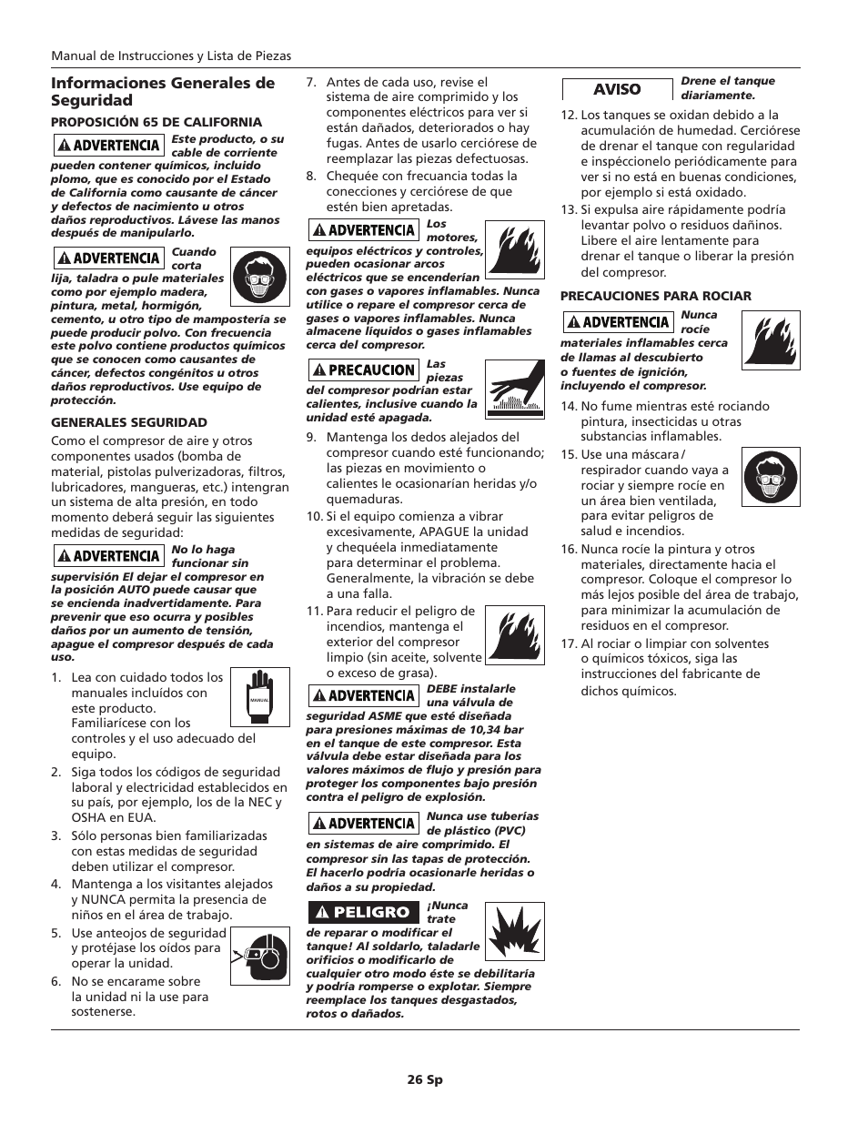 Informaciones generales de seguridad | Campbell Hausfeld HL540200 User Manual | Page 26 / 36