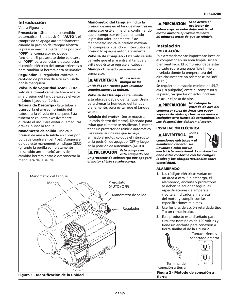 Introducción, Instalación | Campbell Hausfeld HL540200 User Manual | Page 27 / 36